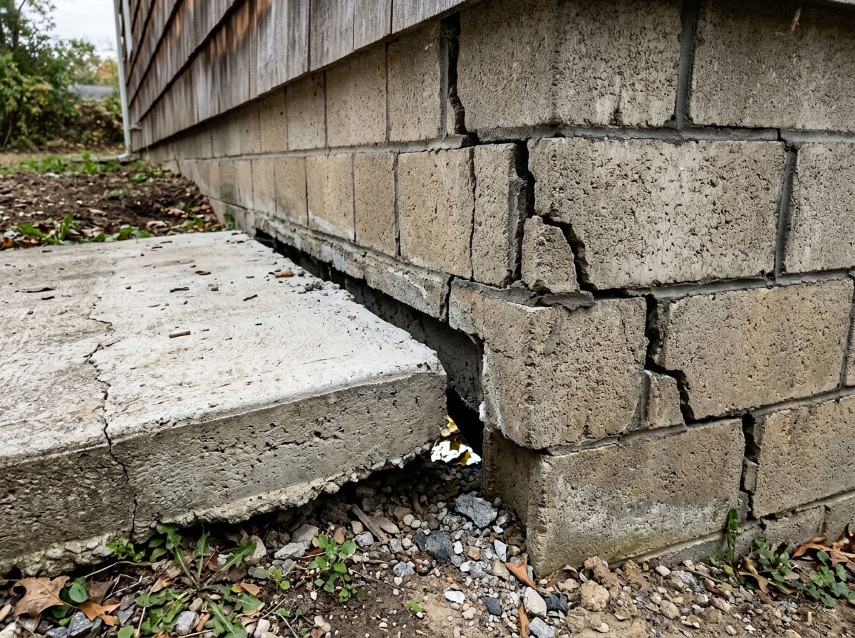 Cracked foundation slab showing stair-step cracking and settlement in a Hixson, TN home