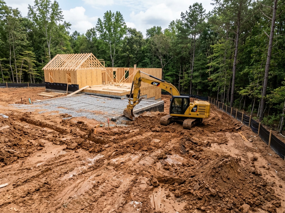 Excavation crew preparing a foundation pad and grading around a home's perimeter in Hixson, TN