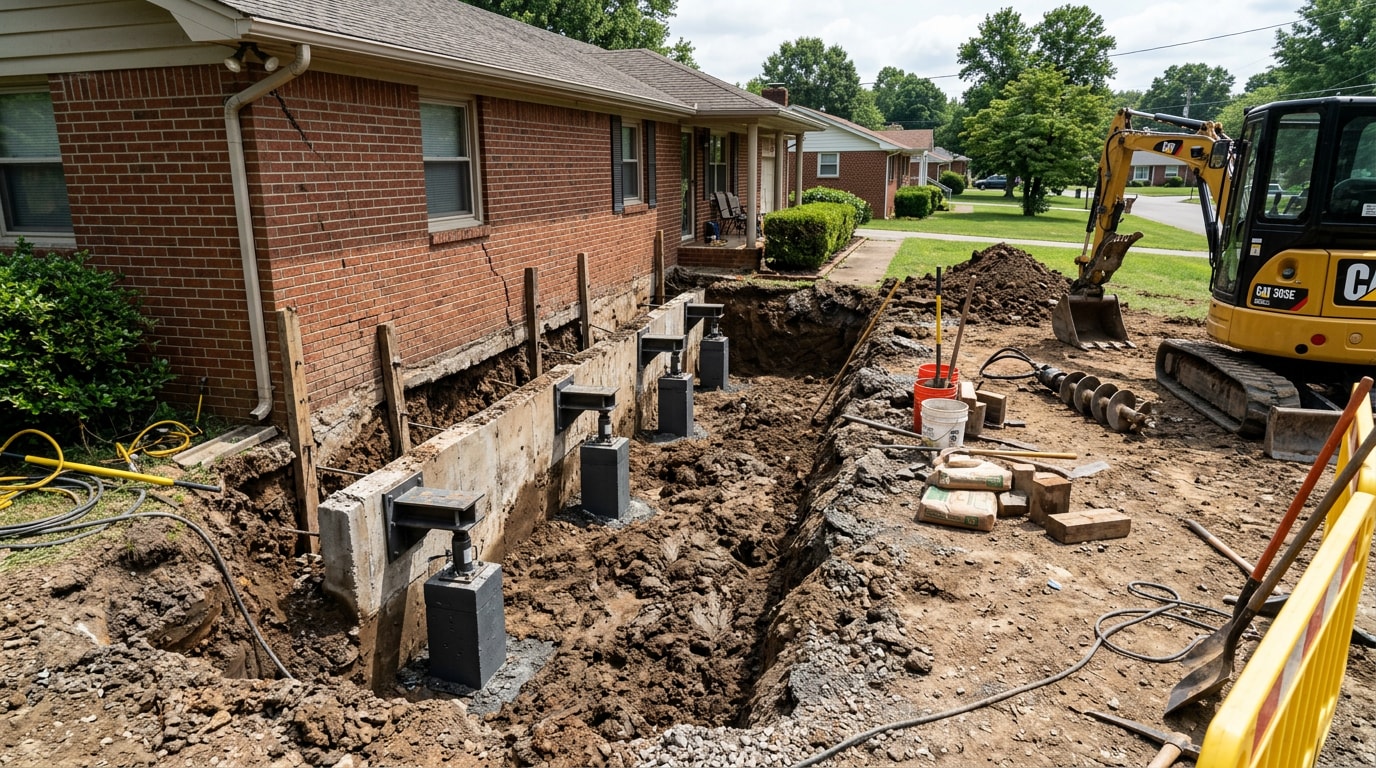 Foundation underpinning repair with exposed concrete piers along a home's footing Foundation underpinning repair with exposed concrete piers along a home's footing