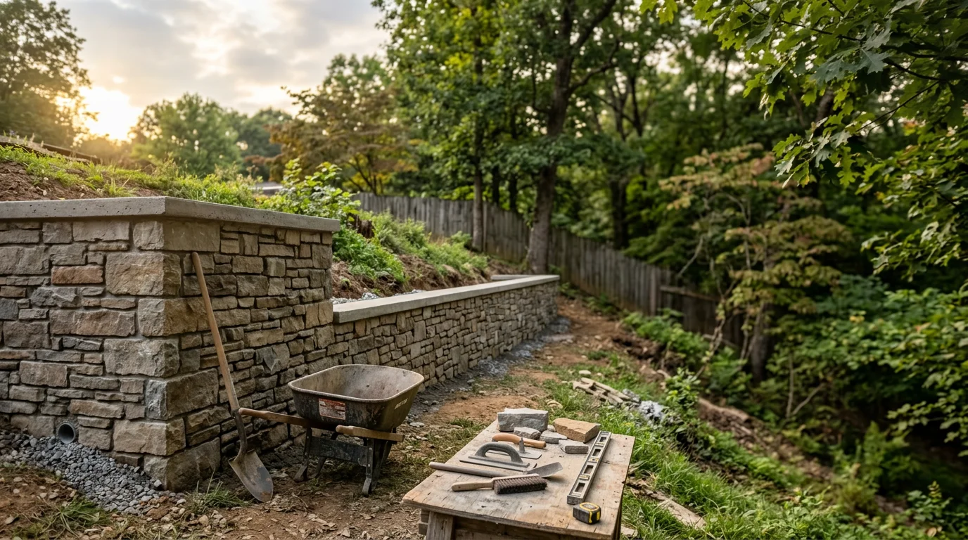 Completed retaining wall construction on residential property