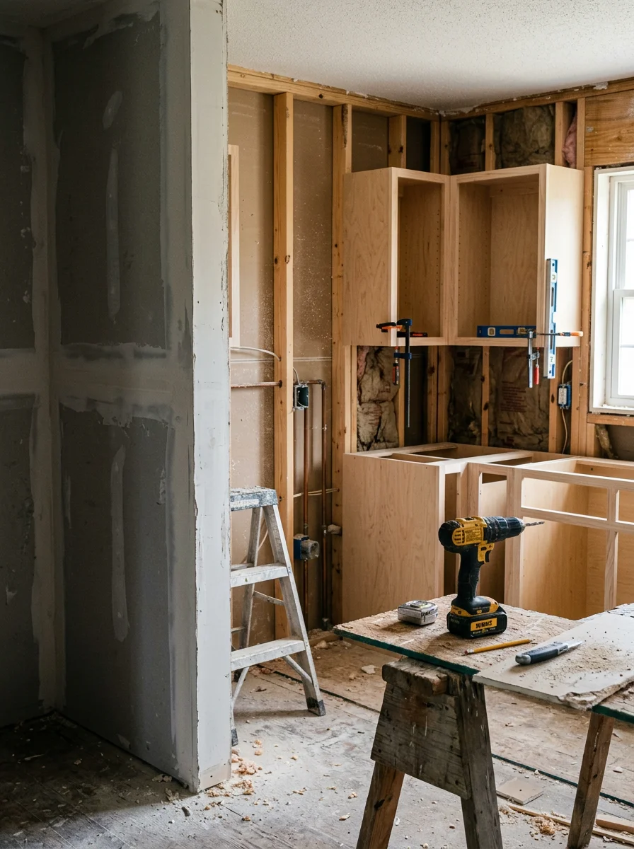 Kitchen remodel in progress in a 1980s ranch-style home in Cleveland, TN with walls opened and new cabinetry being installed.
