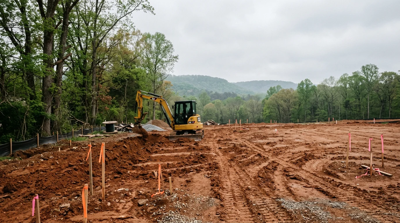 Residential construction site in Chattanooga, TN with excavation equipment grading a red clay lot against a backdrop of wooded ridgelines.