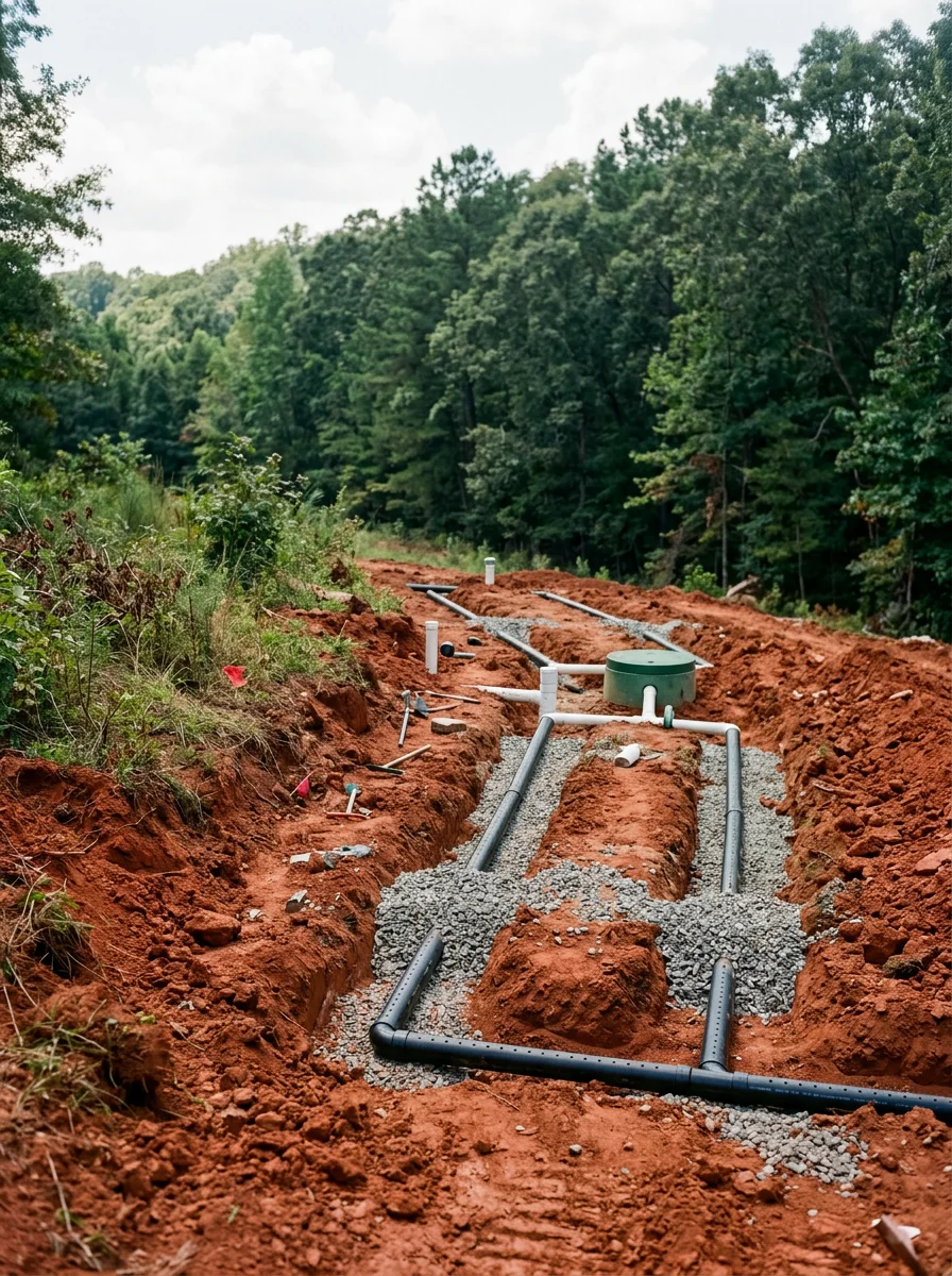 Septic system installation on a rural Cherokee County, AL property with exposed red clay soil and a wooded hillside in the background.
