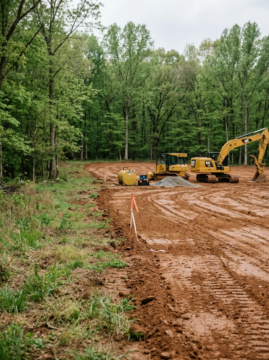 Rural building lot near Cleveland, TN being cleared and graded for new home construction with a tree line in the background.