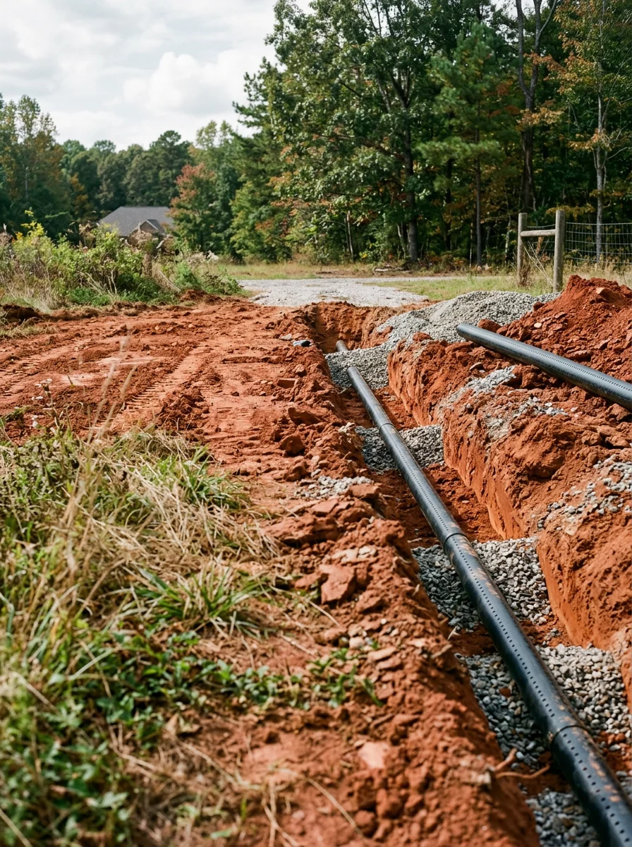 Septic system drain field installation on an unincorporated Hamilton County, TN lot with red clay soil exposed during excavation.