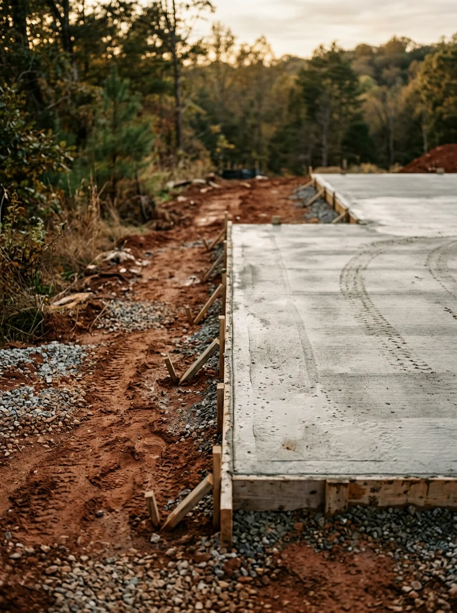 New custom home foundation being poured on a prepared building pad in an Ooltewah, TN subdivision.