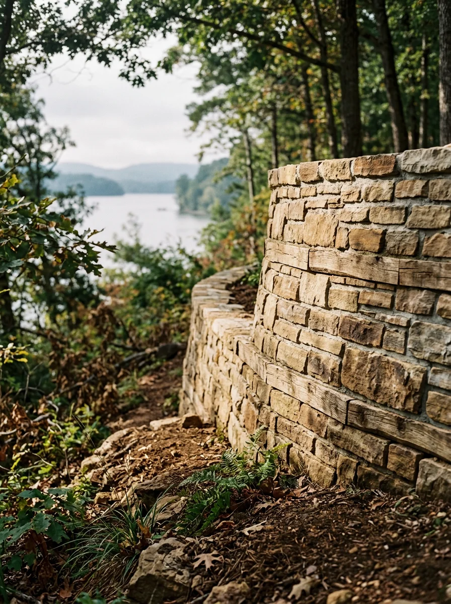 Retaining wall installation on a lakeside property in Soddy Daisy, TN with Chickamauga Lake visible in the distance.