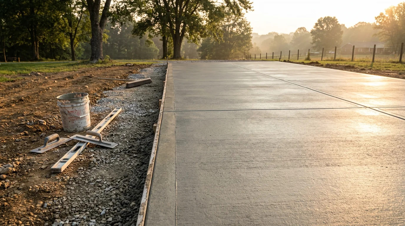 Freshly finished concrete driveway at a residential property in Chattanooga, TN, showing a smooth, even surface with clean edges. The finished slab runs from the street to the garage with no visible cracking or surface defects.