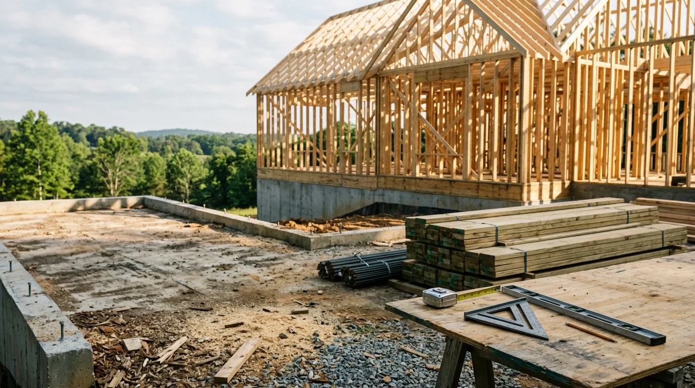 A newly completed custom home with a covered front porch and board-and-batten siding, situated on a wooded residential lot in the Chattanooga, TN area. The home reflects a clean, site-specific design built for the region's landscape and climate.