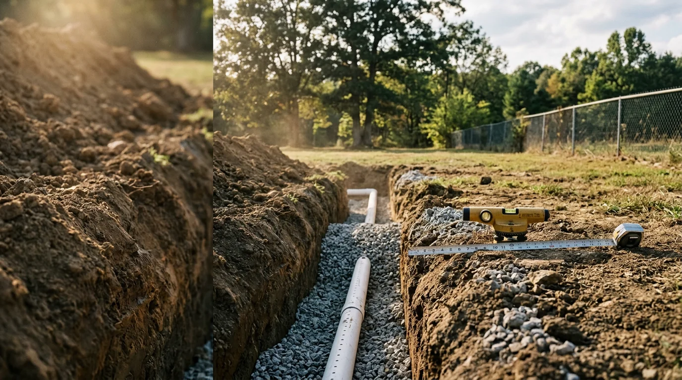 Freshly excavated drain field trenches with perforated pipe and gravel bed installed on a residential property in Chattanooga, TN. The surrounding yard shows red clay soil typical of Hamilton County, with a home visible in the background.