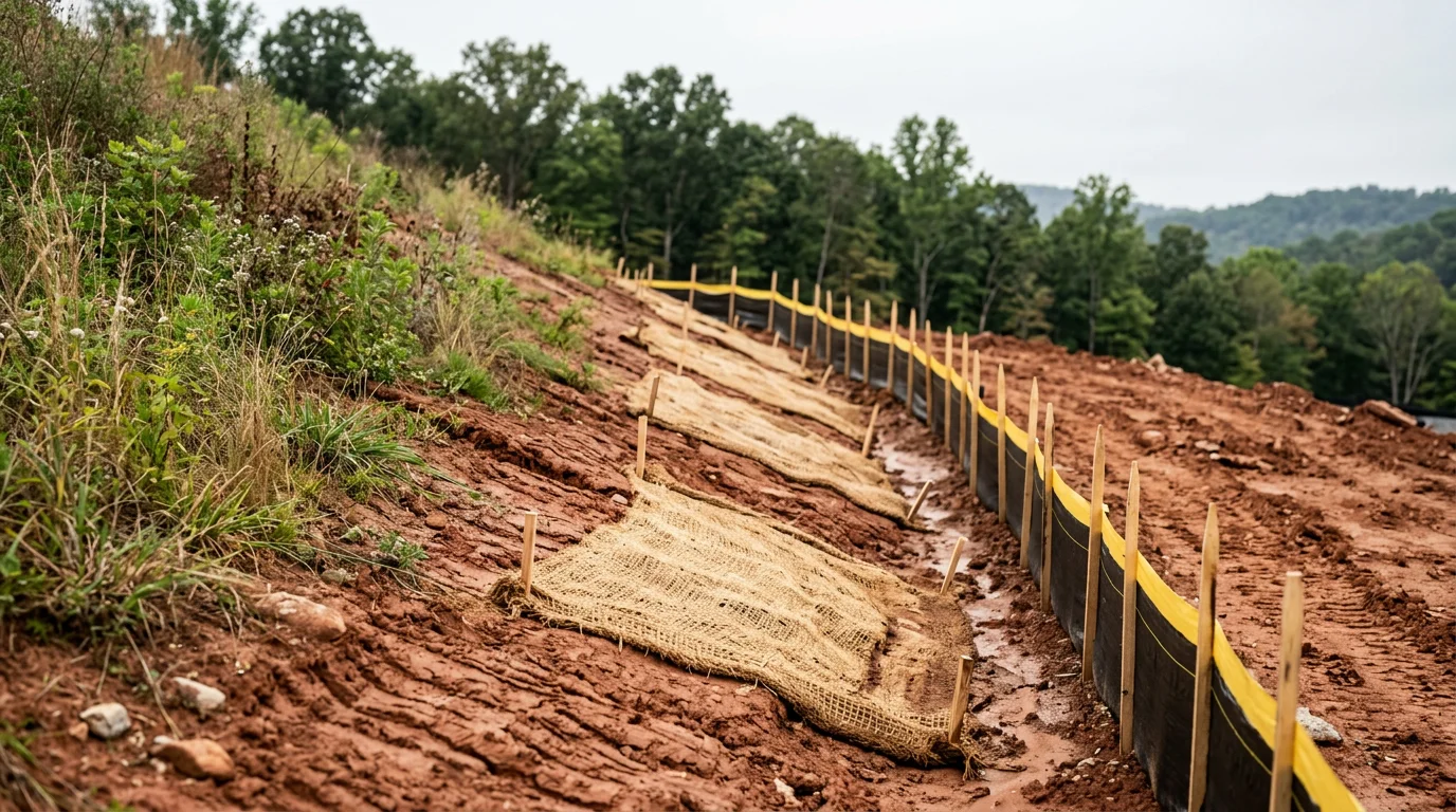 Erosion control work on a sloped residential property in the Chattanooga, Tennessee area, showing stabilized ground and managed drainage along a graded hillside. Exposed soil has been addressed to prevent runoff from washing toward the home's foundation.