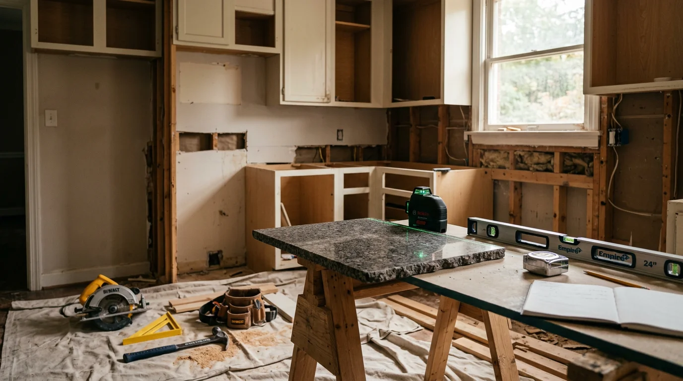 Finished kitchen remodel in a Chattanooga, TN home showing new cabinetry, countertops, and updated flooring. The space reflects a clean, functional layout suited to everyday cooking and entertaining.