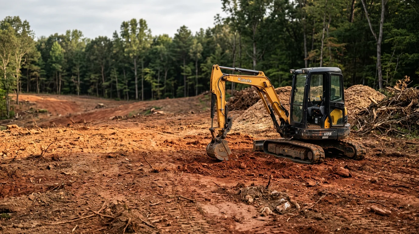 A freshly cleared residential lot in Chattanooga, TN showing removed trees, brush, and stumps with exposed soil ready for grading and construction. Heavy equipment sits at the edge of the cleared site against a backdrop of East Tennessee wooded terrain.