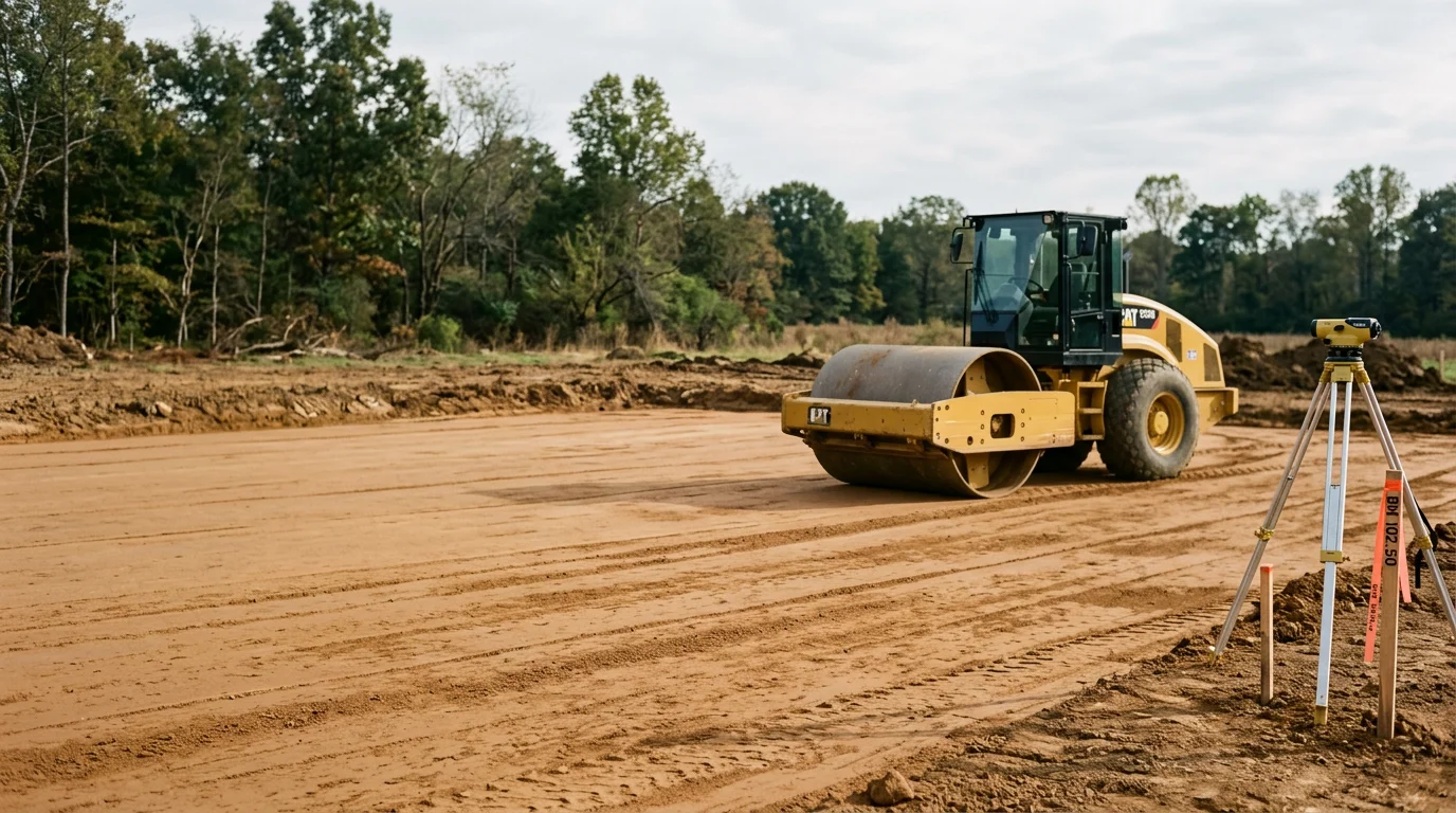A freshly excavated and compacted building pad on a residential lot in Chattanooga, TN, with graded subgrade visible and surrounding red clay soil. A concrete foundation form is set at the edge of the pad, ready for the next stage of construction.