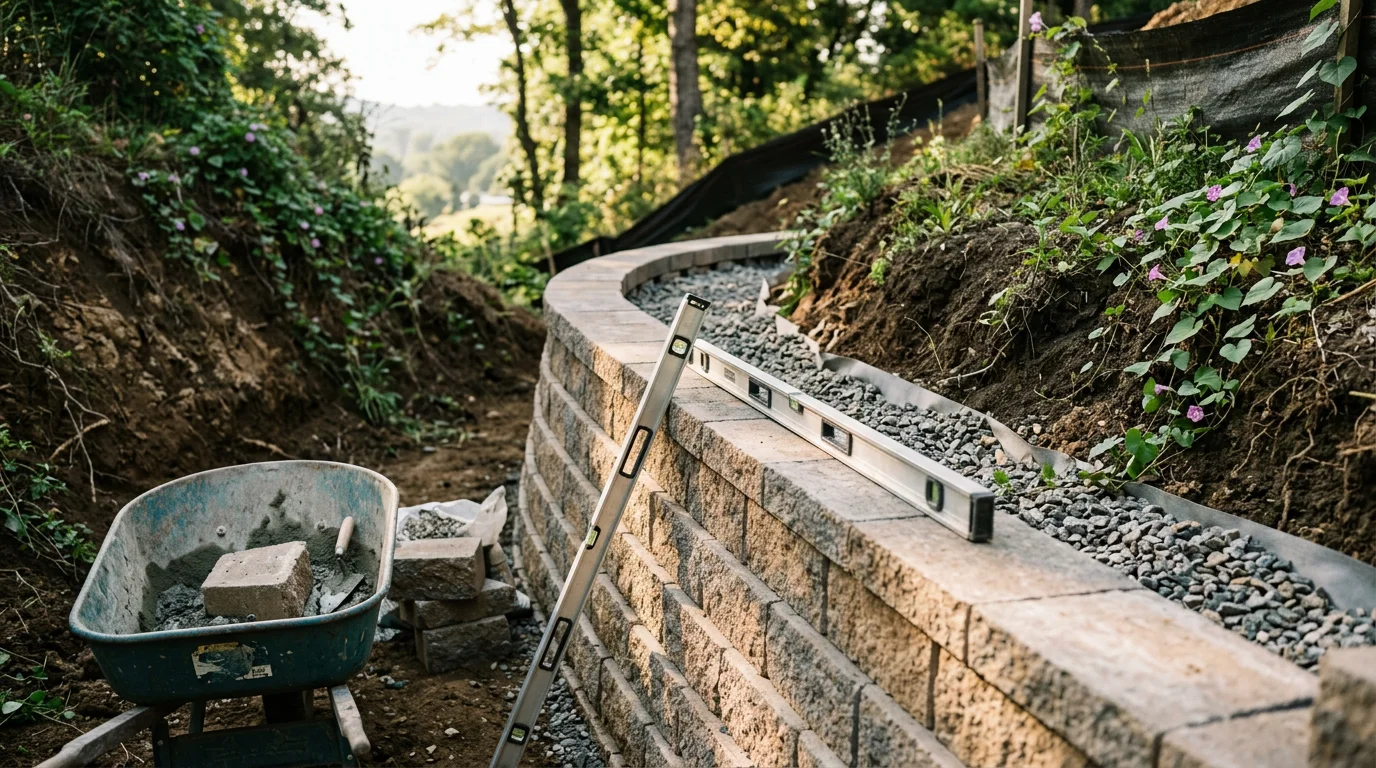 A completed masonry retaining wall holding back a clay hillside on a residential property in Chattanooga, TN, with a level yard area created behind the wall. The wall runs along a sloped lot typical of Hamilton County terrain, showing clean coursework and a stable, finished grade.