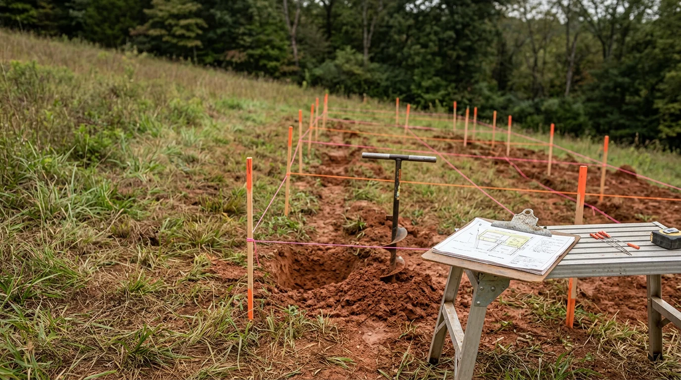 A site plan for a residential septic system design laid out on a property in Chattanooga, TN, showing tank placement and drain field layout relative to the home's footprint. The surrounding terrain reflects the rolling, clay-soil lots typical of Hamilton County and the greater Chattanooga area.