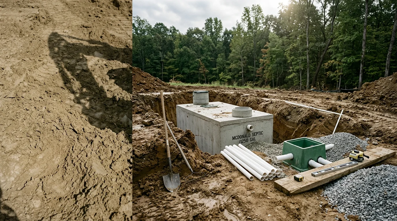 A newly installed septic system on a residential property in Chattanooga, TN, showing a concrete tank set in prepared ground with connecting pipes before backfill. The surrounding yard reflects the rolling terrain common to Hamilton County properties.