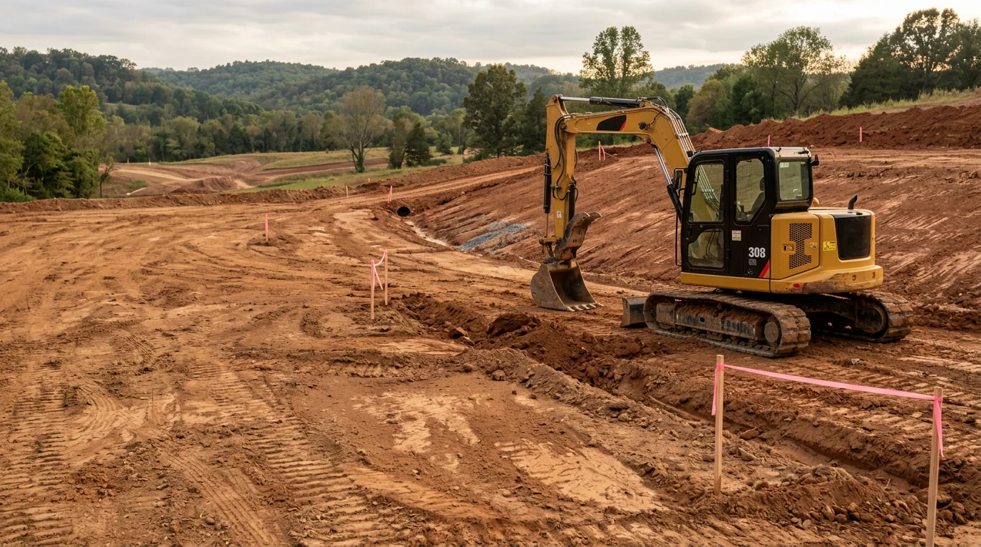 A graded and leveled construction site in Chattanooga, TN with exposed red clay soil and a smooth, compacted surface ready for building. Heavy equipment tracks are visible across the prepared ground, with a wooded ridgeline in the background.