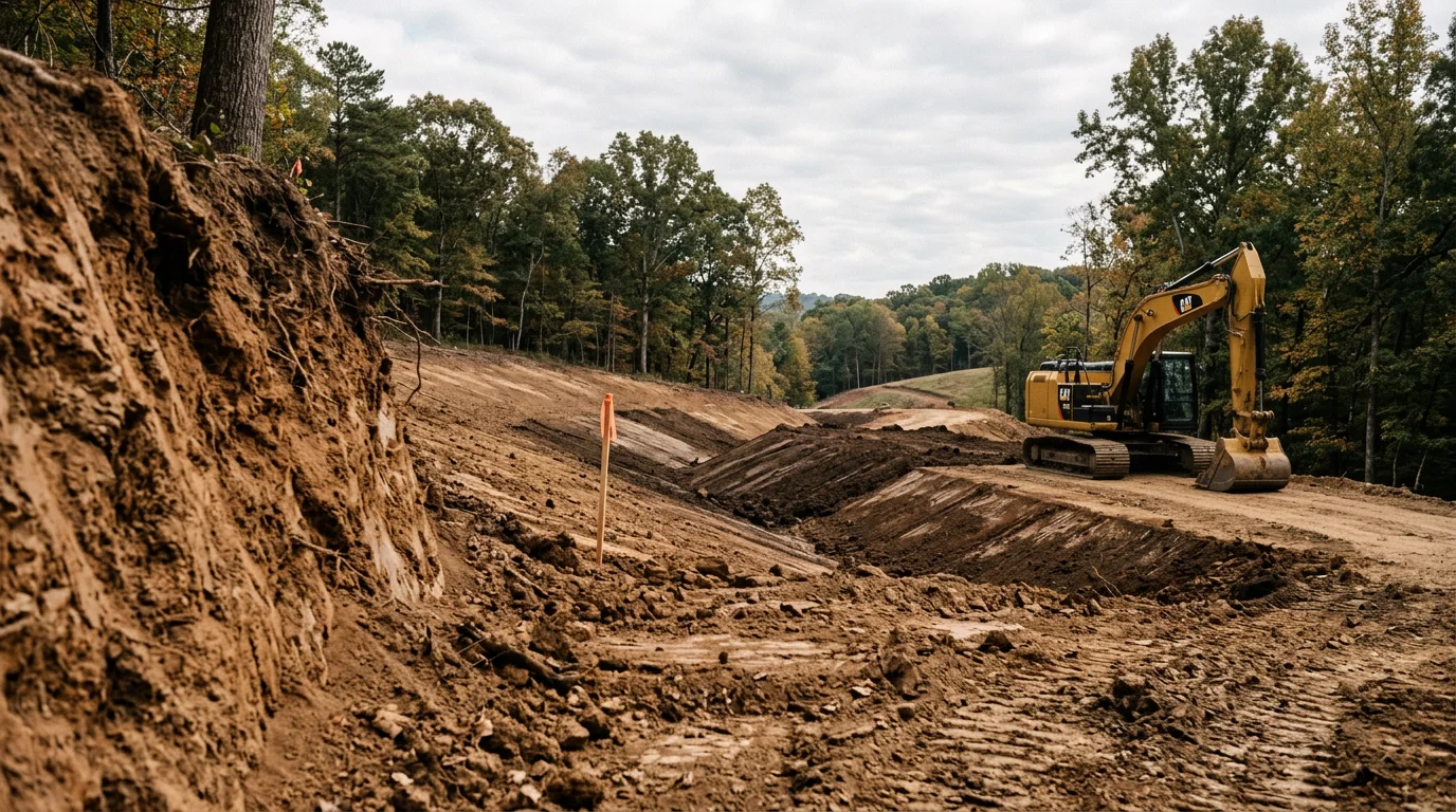 An excavator cutting and grading a sloped residential lot in Chattanooga, TN, with exposed red clay soil and rough terrain visible across the cleared building site.