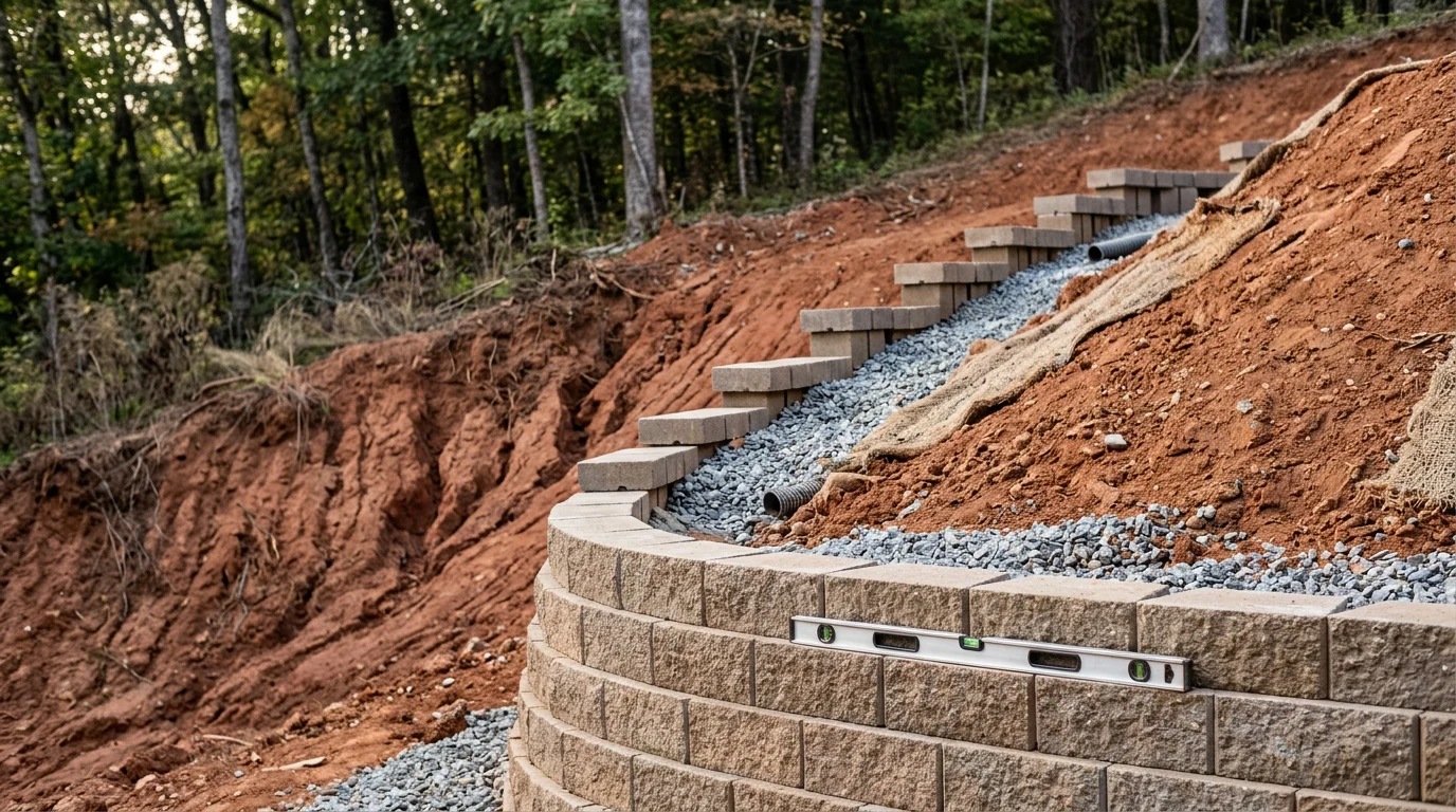 A stabilized residential hillside slope in Chattanooga, TN showing compacted and graded earth with structured masonry work securing the base of the slope. The surrounding terrain reflects the steep, clay-heavy lots common across Hamilton County.